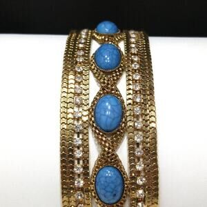 Boho Faux Turquoise Rhinestones Gold Tone Bracelet, 7 1/4 Inch, Magnetic Clasp